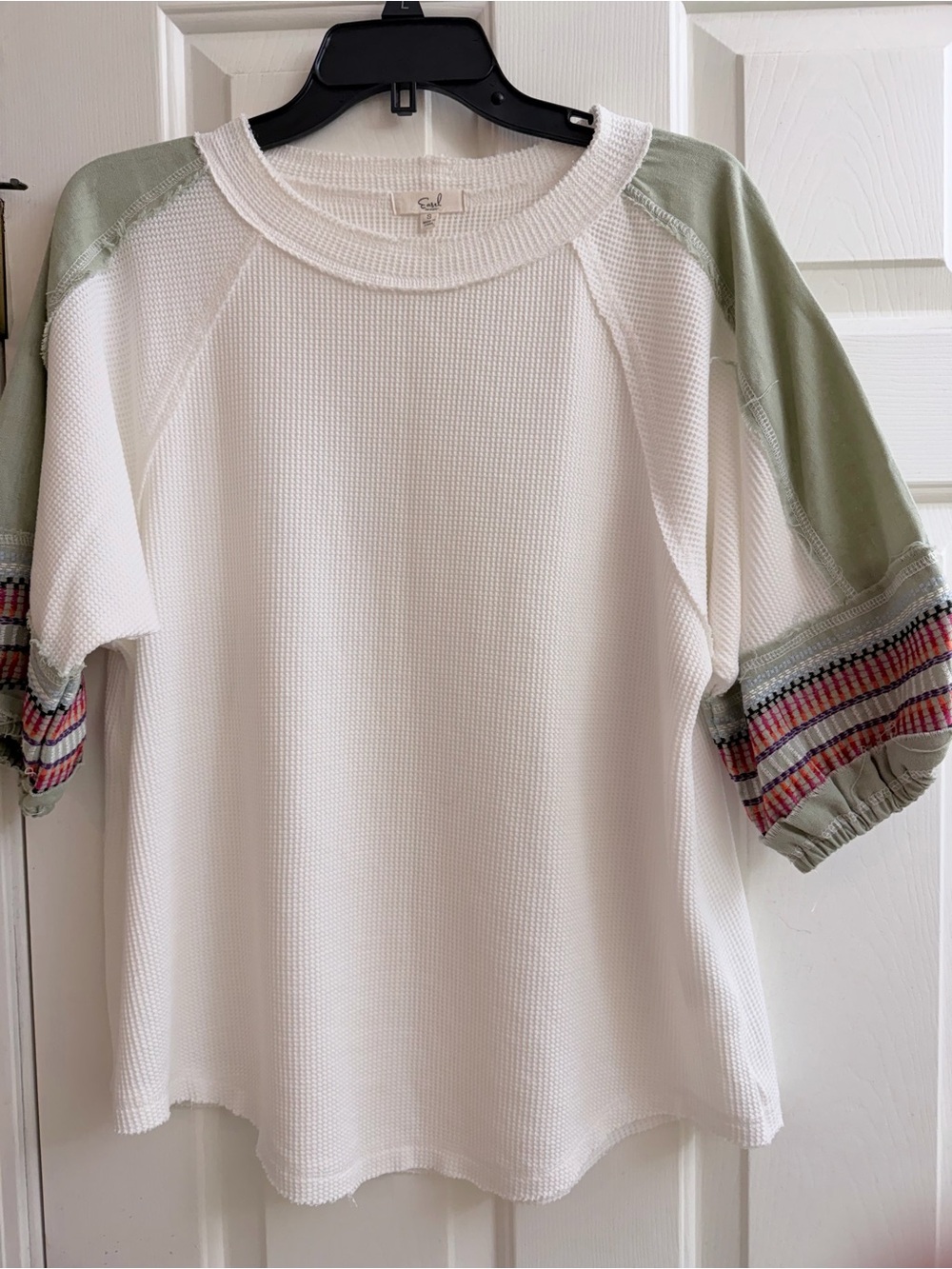 Easel Waffle Knit Top with Sage Puff Sleeves